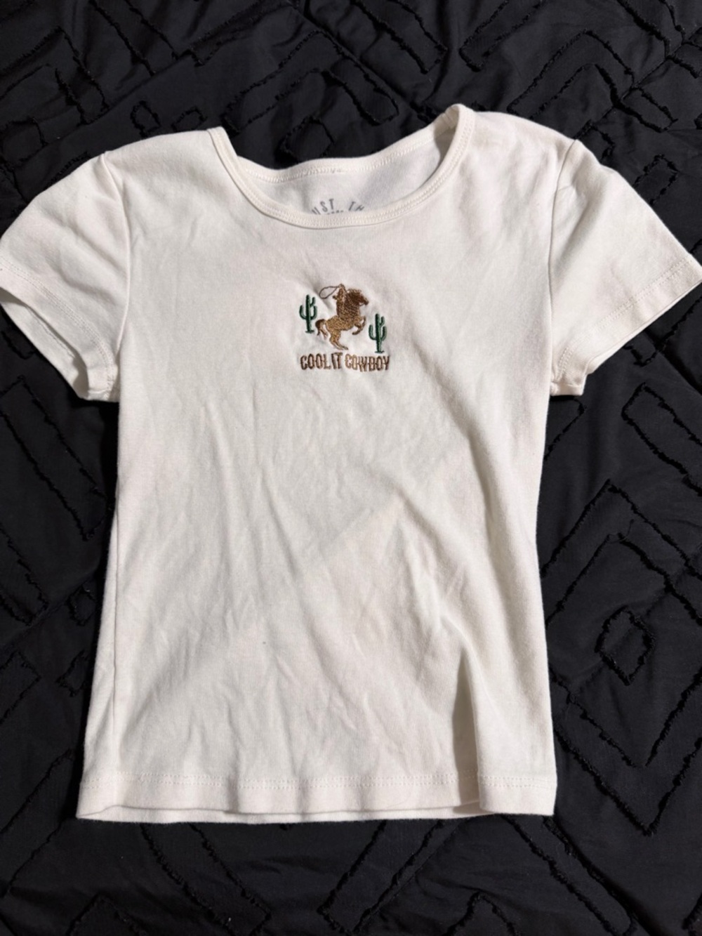 Women's White Crop Tee with 'Cool Lil Cowboy' Embroidered Graphic